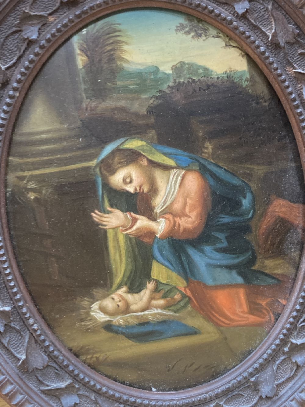 Italian School (19th century), study of the Madonna and Child, oval, 21 x 16cm, in carved wood frame